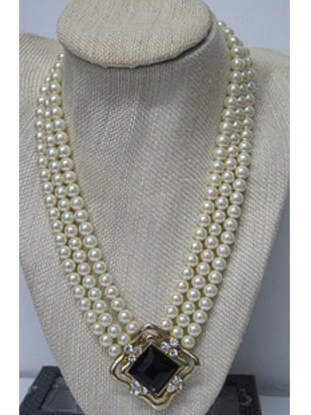 Vintage Triple Strand Faux Pearl Black Statement Necklace